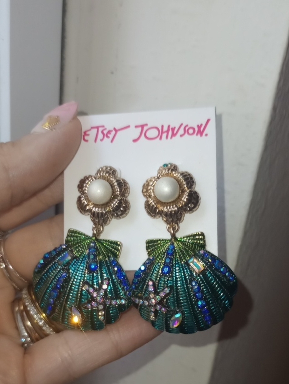 Betsey Johnson Green and Blue Rhinestone Shell Drop Earrings